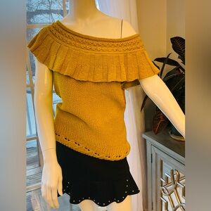 Anthropologie Ruffle Off Shoulder Spring Marigold Knit Sweater Woman Size Med